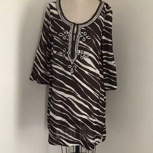 Kate Spade Animal Print Dress Tunic Brown Cream 3/4 Sleeve Silk Linen XL
